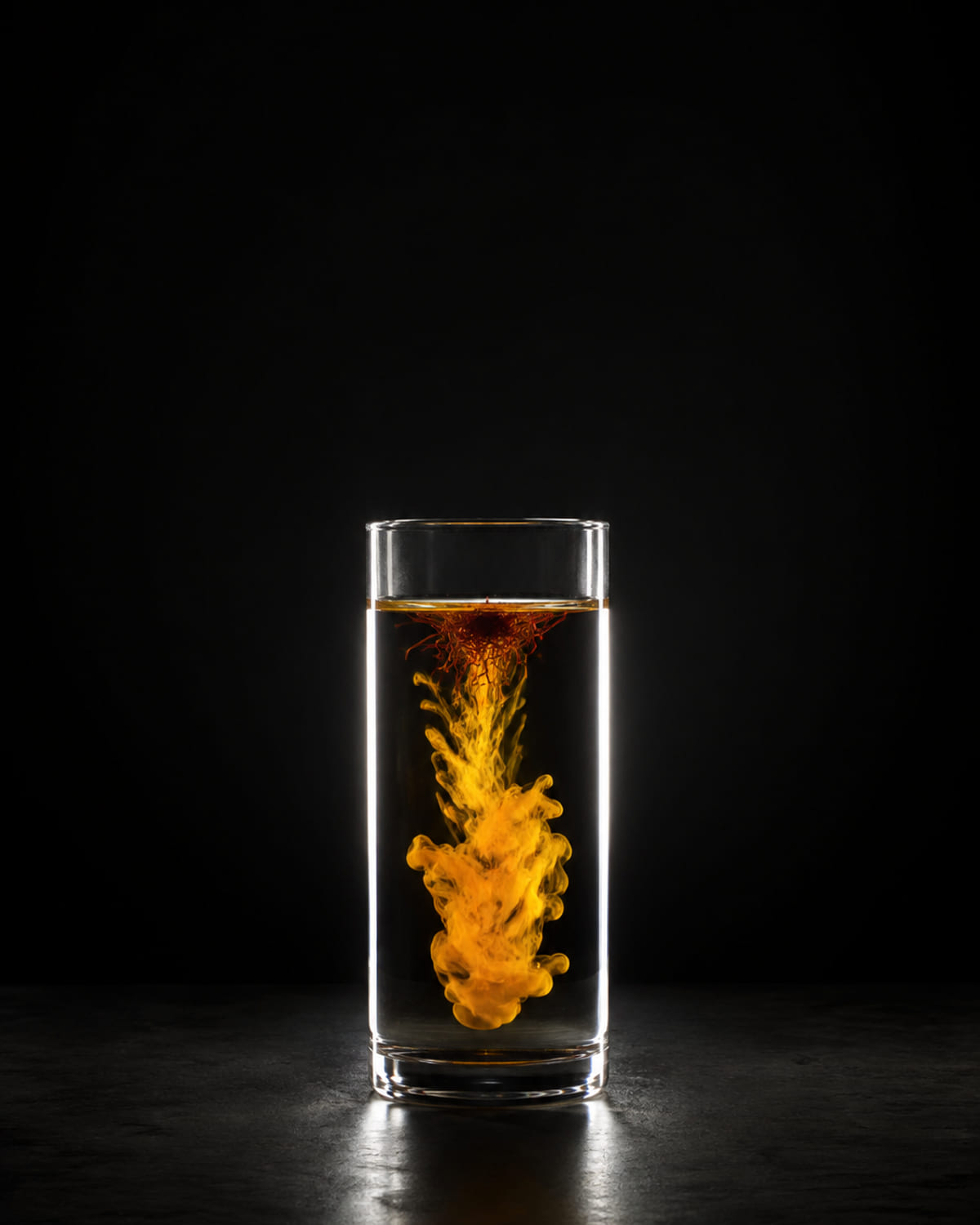 Saffron threads steeping in a glass of water, releasing a plume of gold