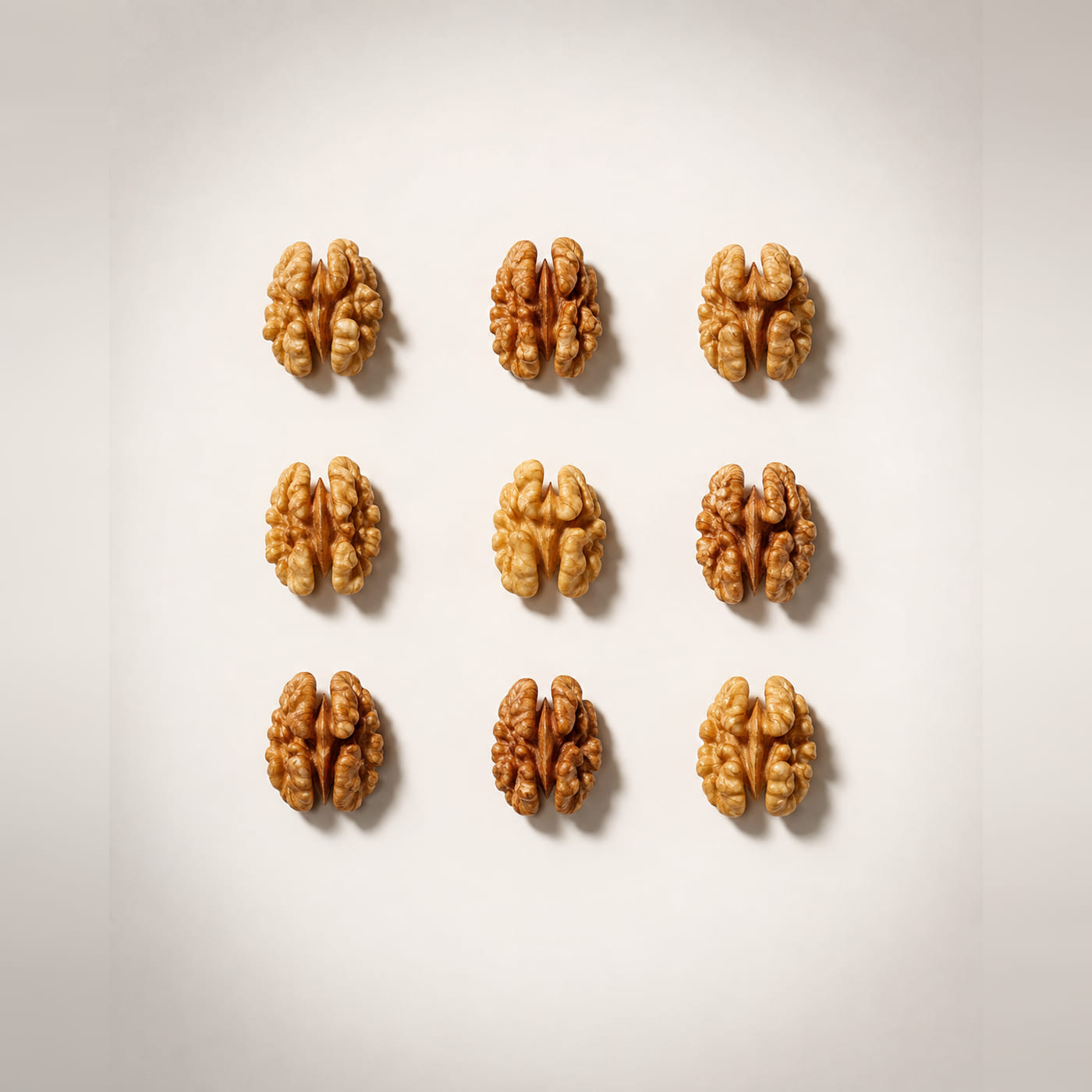 Light amber walnut kernel halves seen from above