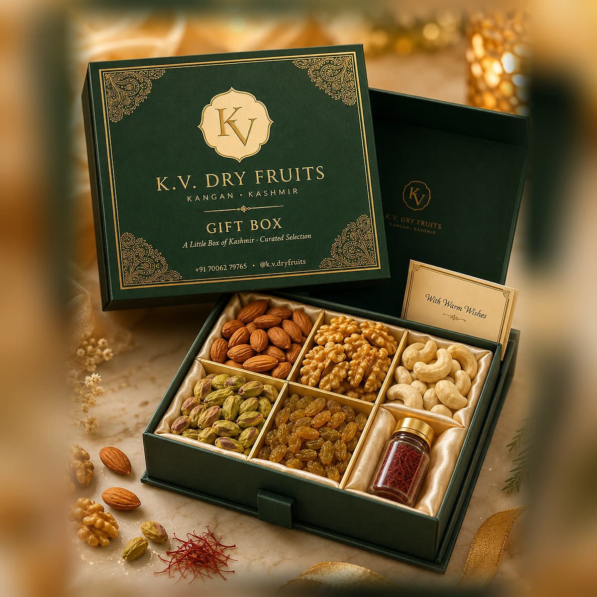 The Gift Box — Green and gold box, lid standing behind, card beside