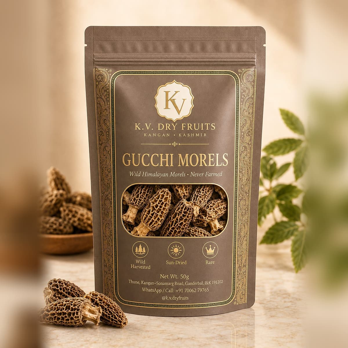 Gucchi Morels — Seven morels standing in a graphic row