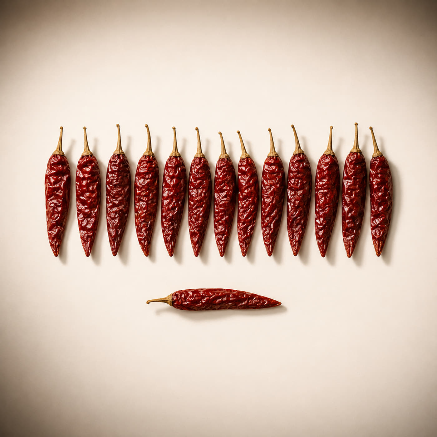 Kashmiri Red Chilli — A row of whole chillies, one laid apart