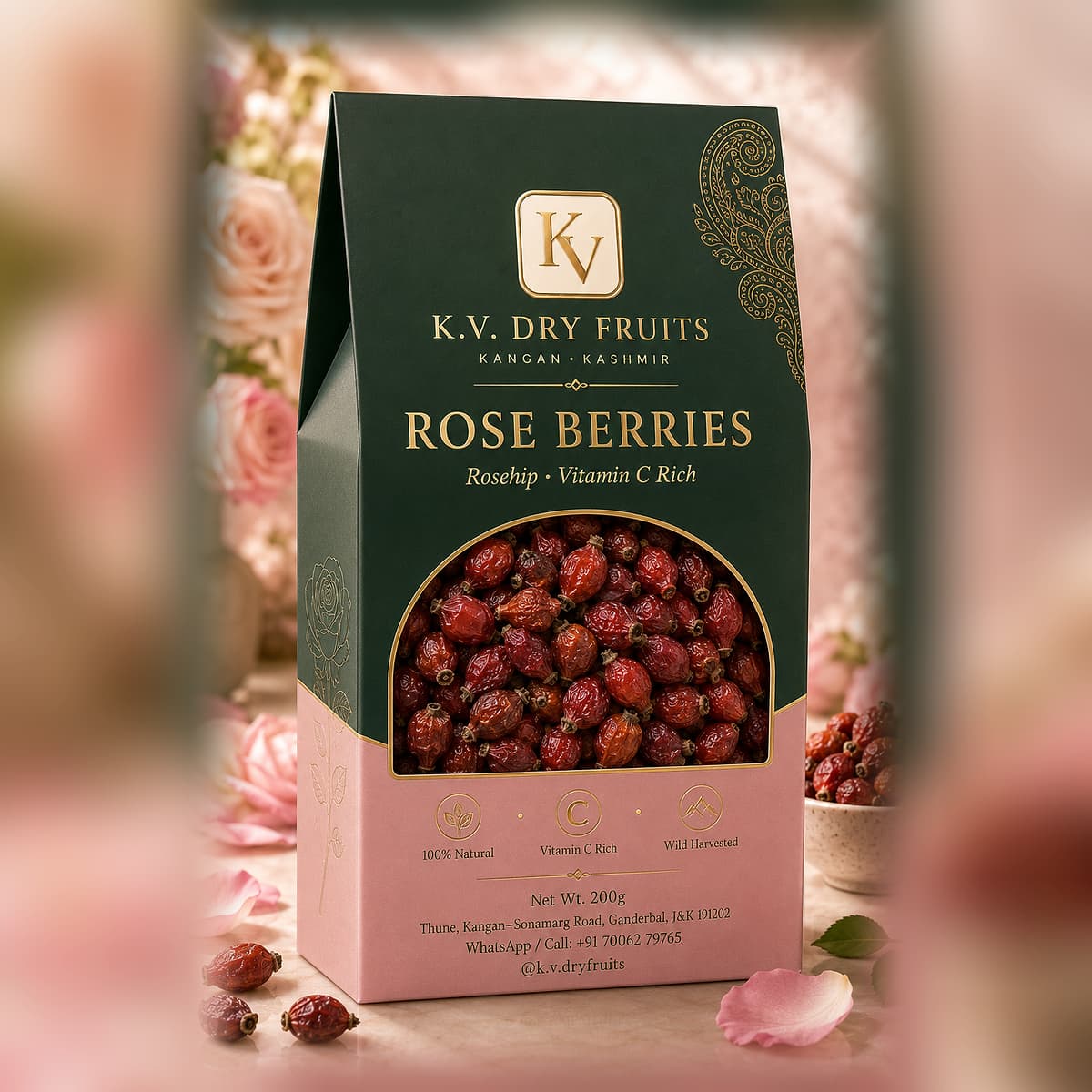 Rose Berries — Carton pack, rose petals and hips at the foot