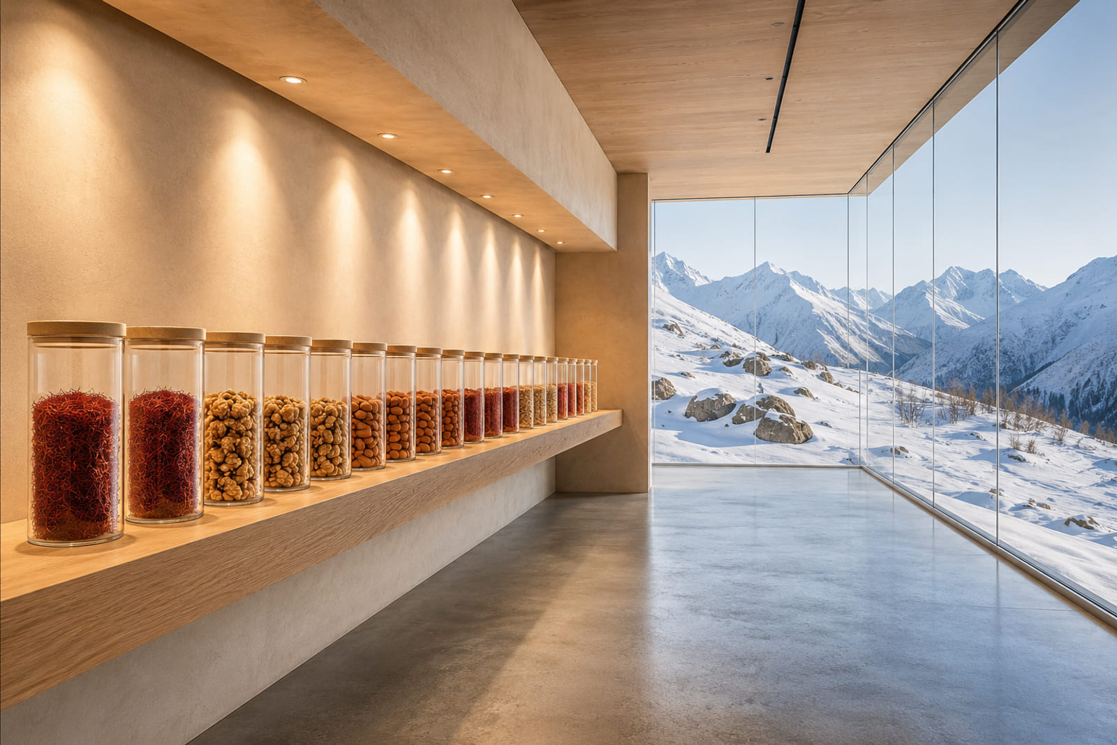 The shop interior — glass canisters on an oak shelf, Himalayan peaks through a glass wall